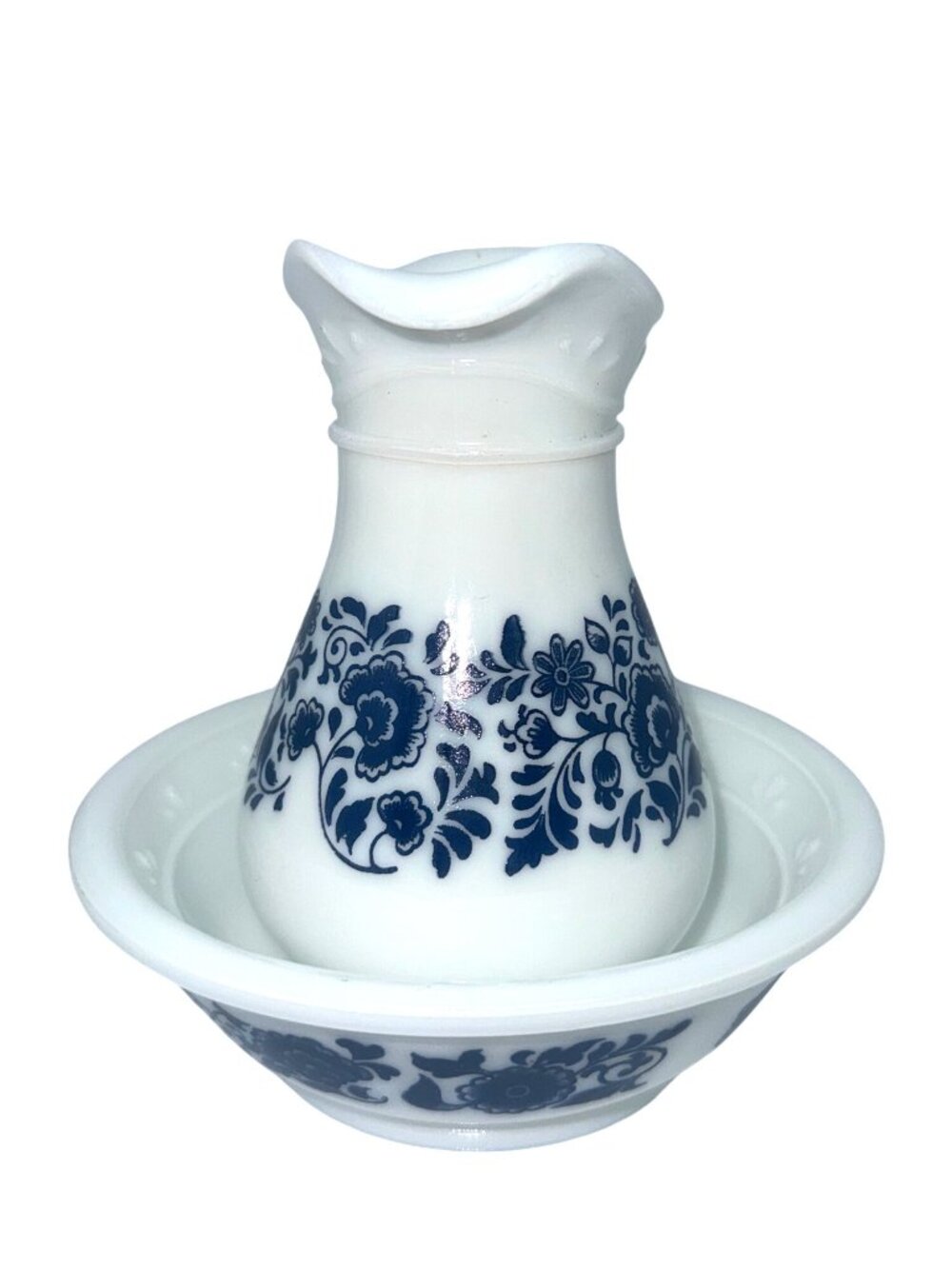 Vintage 1970s Avon Milk Glass Pitcher and Basin with Deft Blue Floral Pattern - Picture 3 of 8